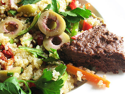 Quinoa Olive Salad with Sun-dried Tomatoes Served with Black Olive Shortbread