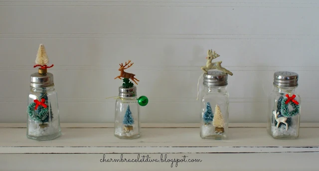 DIY vintage salt and pepper shaker snow globes bottle brush tree reindeer faux snow