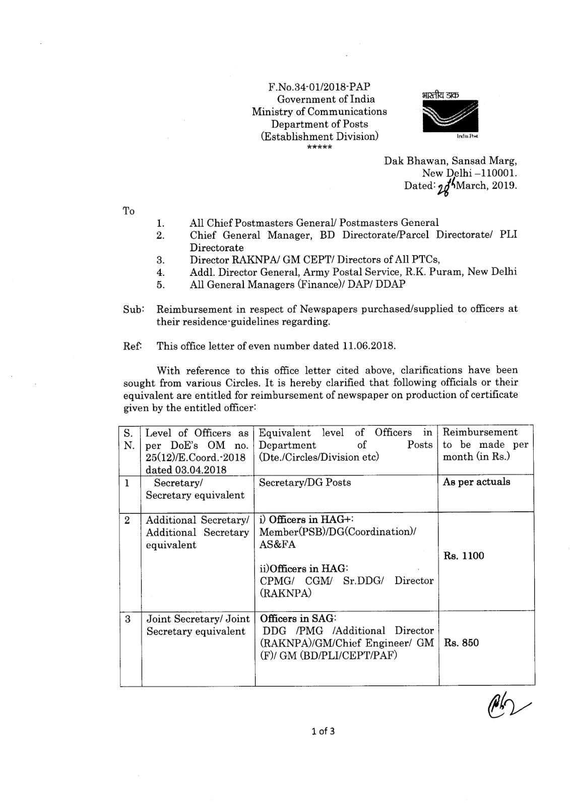 DOP ORDERS Dept of Posts Guidelines for Reimbursement of Newspapers