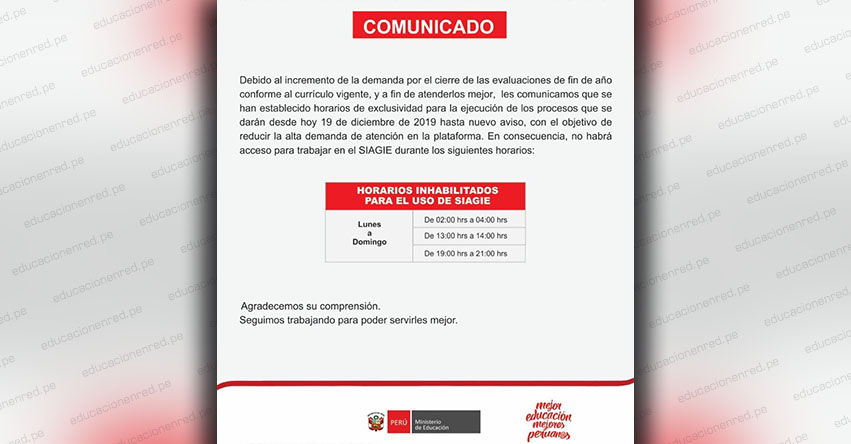 SIAGIE COMUNICADO: Horarios de Suspensión del Servicio - MINEDU - www.siagie.minedu.gob.pe SIAGIE COMUNICADO: Horarios de Suspensión del Servicio - MINEDU - www.siagie.minedu.gob.pe
