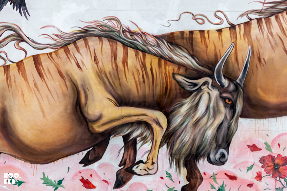 Details of the flowers and buffalo in artist Mateus Bailons' Mural in Ostend, Belgium Details of the flowers and buffalo in artist Mateus Bailons' Mural in Ostend, Belgium