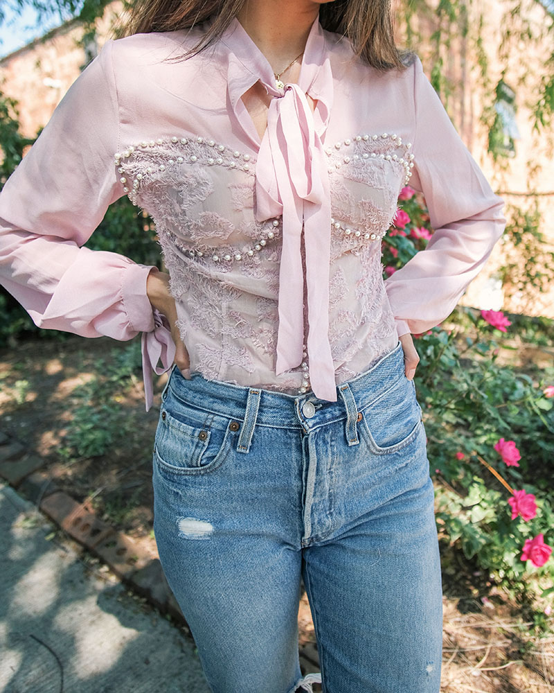denim blouse with pearls