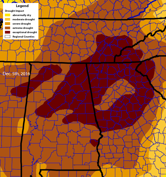Southeastern United States drought map, December 7th, 2016 Southeastern United States drought map, December 7th, 2016