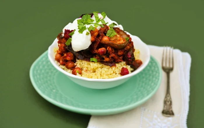 Roasted Vegetable and Chickpea Tagine with Bulgur Wheat