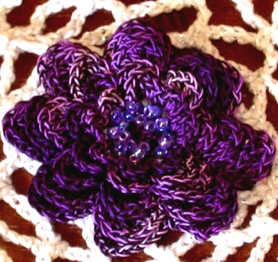 Crystal Beaded 3D Purple Irish Crochet Flower - Pin or Pendant or Applique - Handmade By RSS Designs In Fiber