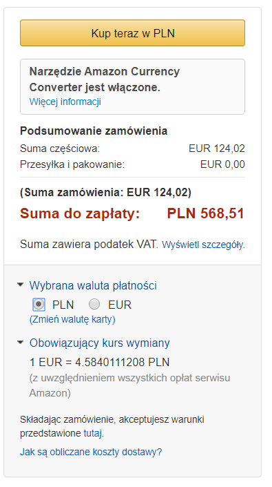 Kindle Paperwhite 3 - kwota do zapłaty to 124,02 euro lub 658,51 PLN