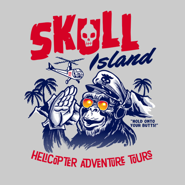 Today's T : 今日のキング・コングがいるスカル・アイランドを空から眺めるスリル満点の遊覧飛行にお誘いしてくれているヘリコプター・ツアー Tシャツ