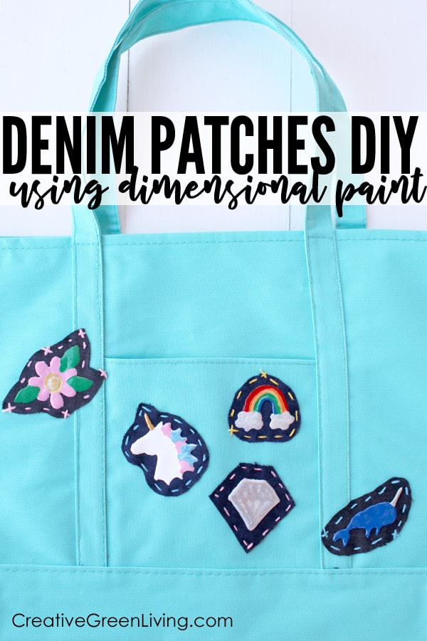 Tutorial: How to make patches. Learn how to make simple DIY patches by hand to sew or glue onto a totebag or backpack. This is a great way to use up fabric scraps or recycled jeans. #creativegreenliving #recycledjeans #oldjeans #patches #DIYpatches #puffypaint #dimensionalpaint #patchwork #recycledcrafts #upcycling