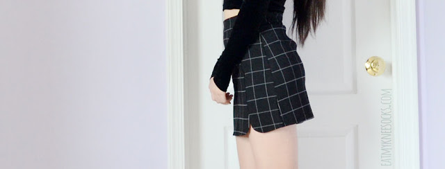 Zaful Fashion Review: Denim Button-Front Skirt + Black Grid Skirt An all-black outfit featuring the black grid bodycon Brandy Melville Raquel skirt dupe from Zaful, paired with an American Apparel off-shoulder black velvet crop top, choker necklaces, and platform booties.