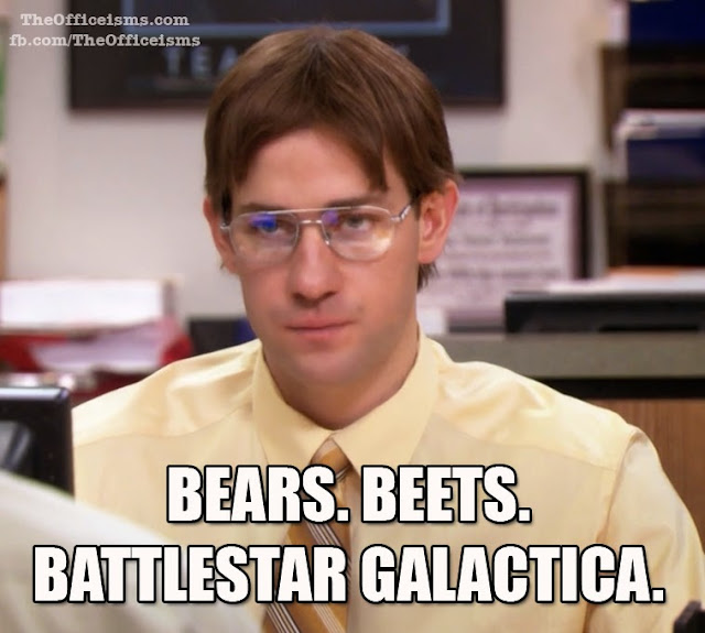 Office Memes from the Friday Frivolity Link-Up Party at Devastate Boredom - Jim Imitating Dwight, Bears, Beets, Battlestar Galactica 