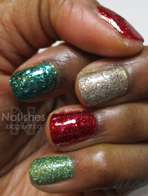 Glitter mani in traditional Christmas colours using Sally Hansen CSM 'Strawberry Shields', China Glaze 'Pine-ing For Glitter', Orly 'Halo', Orly 'Luxe', China Glaze 'This is Tree-mendous', and Maybelline 'Red Comet'