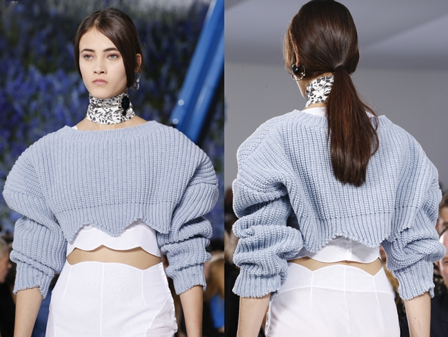 Christian Dior 2016 SS RTW Details, Greta Varlese Christian Dior 2016 SS RTW Serenity Blue Cropped Sweater on Runway