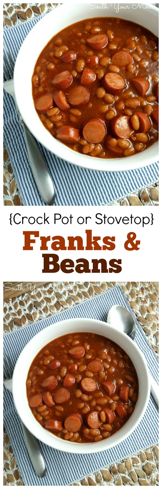 Family-friendly Franks & Beans! Make these on the stove or in a crock pot. Love me some Beanie Weenies!