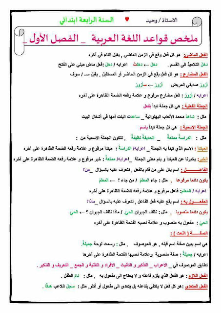ملخص قواعد اللغة العربية للسنة الرابعة ابتدائي