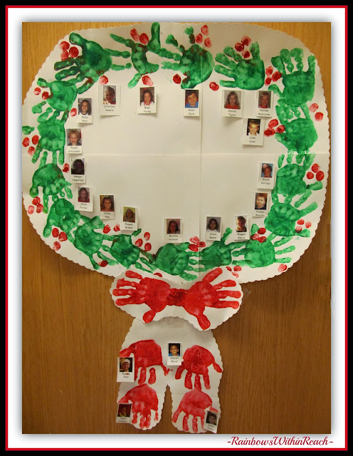 Painted Handprint Wreath Classroom Door Decoration for Christmas via RainbowsWithinReach