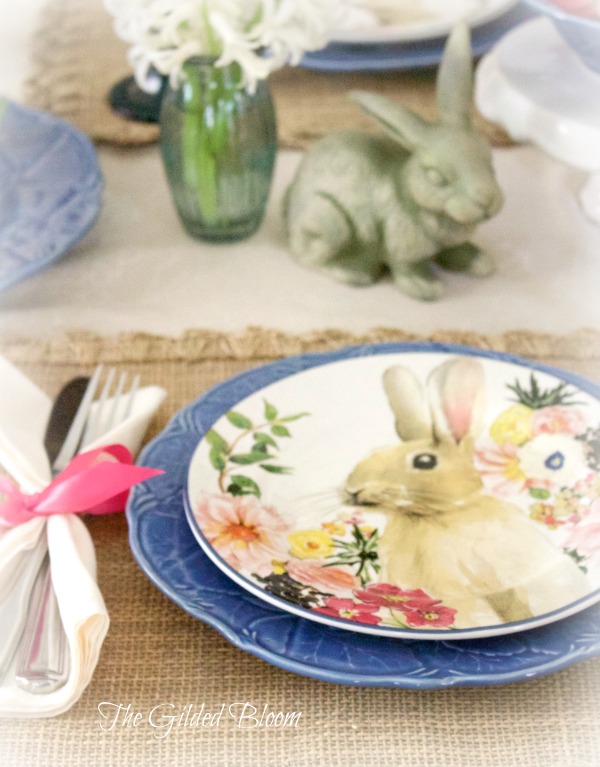 Bunny Brunch Table- Set a spring table with flowers and bunnies.  www.gildedbloom.com #tablessetting