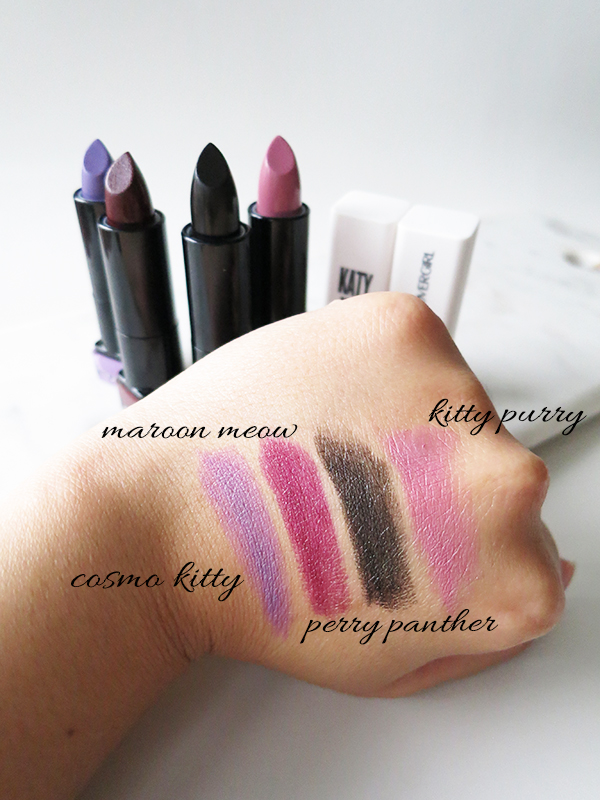 Cover Girl x Katy Kat Matte lipstick Katy Perry collaboration purple vampy dark dramatic goth shades Cosmo Kitty, Maroon Meow, Perry Panther, Kitty Purry swatches
