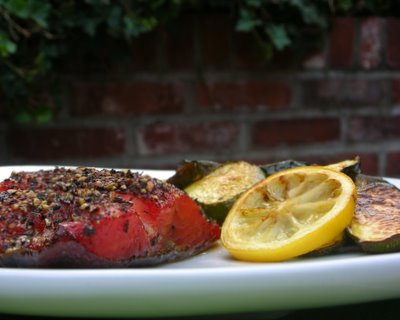 Maple-Glazed Salmon ♥ KitchenParade.com, simple salmon marinated in maple syrup, dusted with pepper and baked. Simple enough for a weeknight, special enough for company. High Protein. Weight Watchers Friendly.