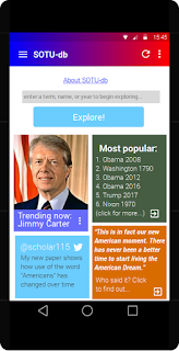 a mockup of an Android phone screen with a top menu bar that says SOTU-db, a search box, and various cards featuring different quotes and names of presidents