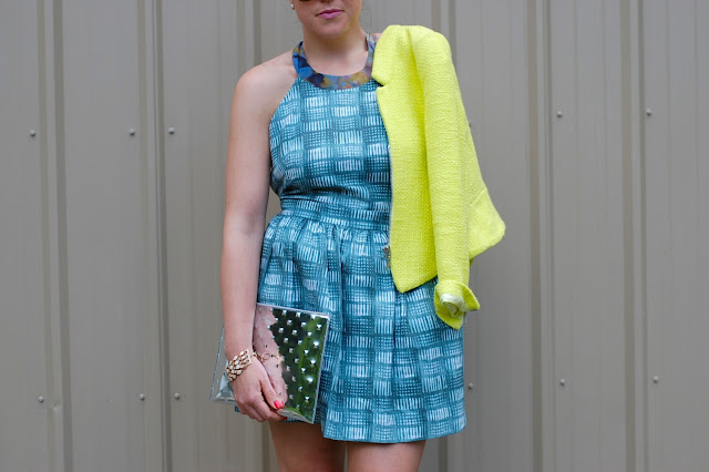 Rachel, Rachel Roy dress, Zara neon yellow jacket, Ela Editor's Pouch, Prabal Gurung for Target heels.