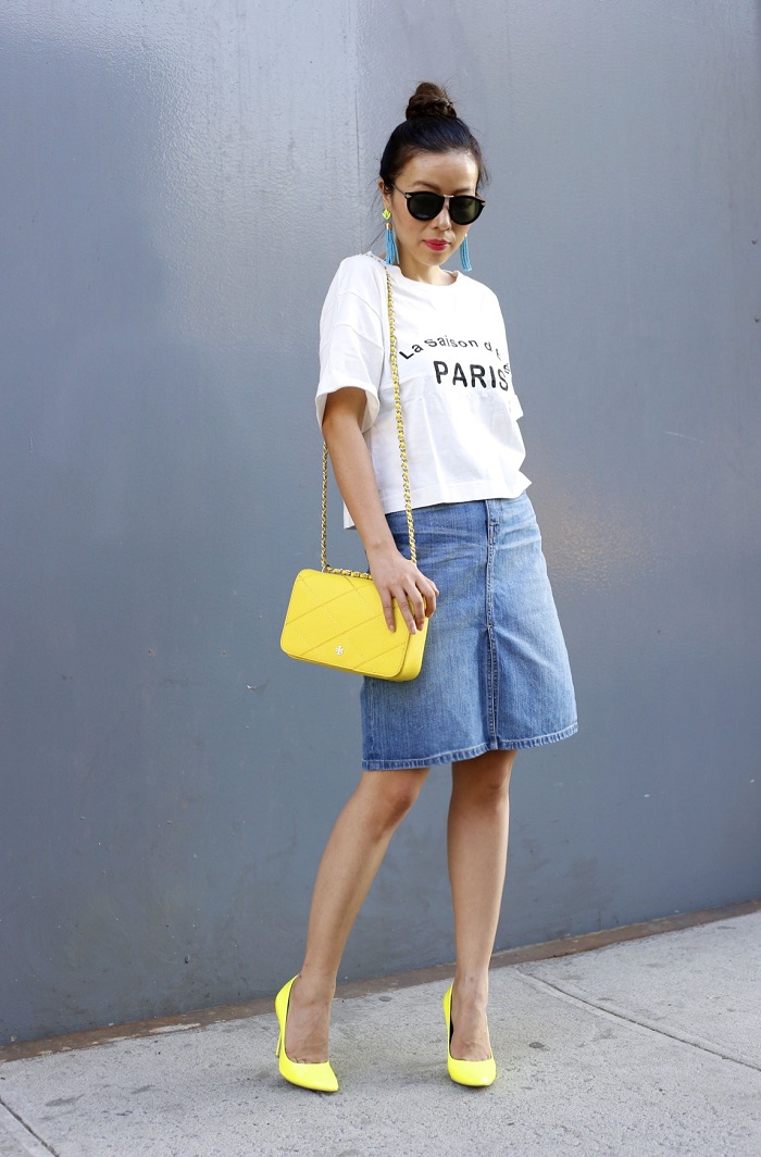 madewell taylor crop graphic tee, madewell denim skirt, karen walker harvest sunglasses, baublebar acid fringe drops, tory burch ROBINSON STITCHED ADJUSTABLE SHOULDER BAG, sole society neon pumps, daniel wellington watches, fashion blog, ny fashion blog, denim skirt street style