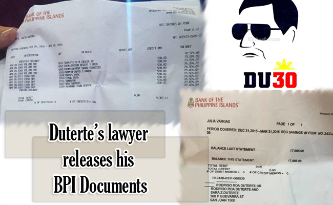 Duterte’s lawyer releases his BPI Documents Duterte’s lawyer releases his BPI Documents