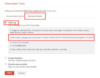 OpO ~ Cara untuk memverifikasi blog di google webmaster tools mrnggunakan metode html tag