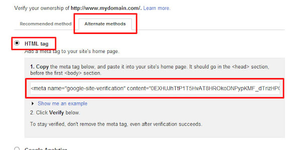 Cara Untuk Memverifikasi Blog Di Google Webmaster Tools Menggunakan Method Html Tag