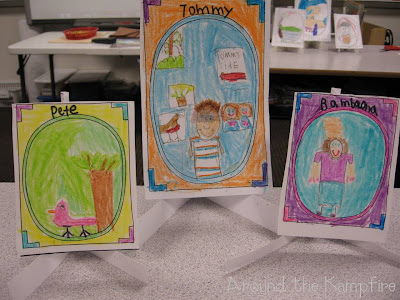 Character portraits "art galleries" with character traits on the back of each "canvas" during our Tomie dePaola author study