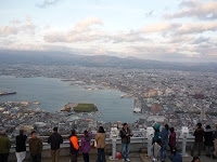 View of Hakodate during the day from Mt Hakodate with a small crowd of people in the foreground 