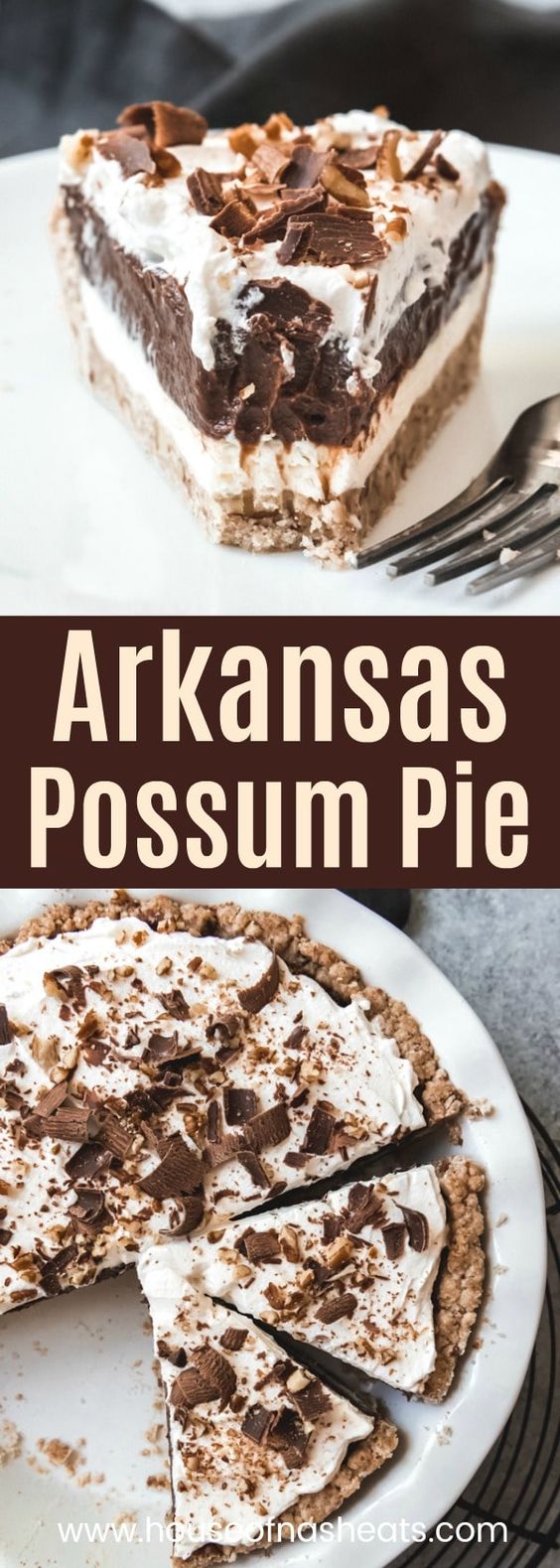 Arkansas Possum Pie is a creamy, layered chocolate and cream cheese pie in a pecan shortbread crust that is sure to please!