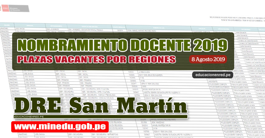 DRE San Martín: Relación Final de Plazas Vacantes para Nombramiento Docente 2019 (.PDF ACTUALIZADO 8 AGOSTO) www.dresanmartin.gob.pe DRE San Martín: Relación Final de Plazas Vacantes para Nombramiento Docente 2019 (.PDF ACTUALIZADO 8 AGOSTO) www.dresanmartin.gob.pe
