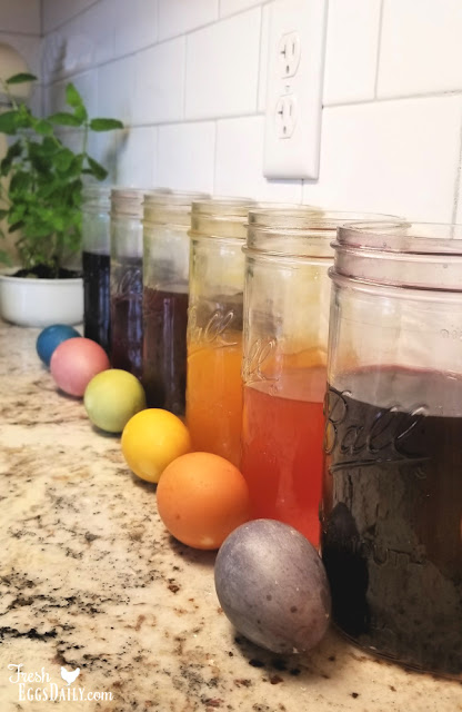 line of Mason jars filled with plant dyes, Easter eggs