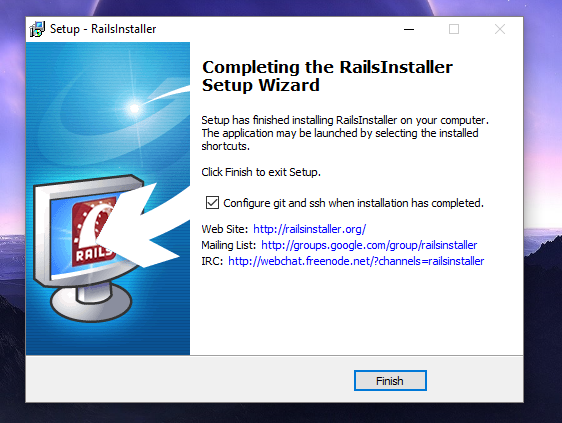 Как установить Ruby на Windows. Setup Wizard finish на самсунге. Gem install Rails --no-RI --no-rdoc.