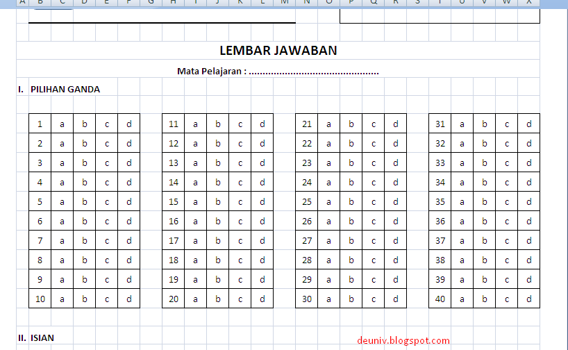 Lembar jawab format excel deuniv Lembar jawab format excel deuniv
