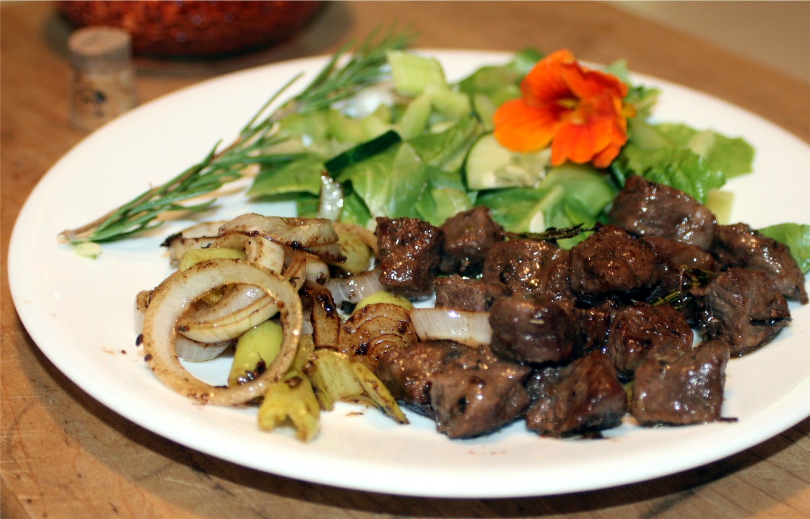 Forsythkid Beef cubes with onions and peppers!
