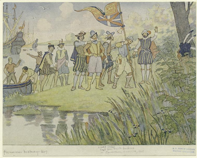 Print of Captain John Smith landing in Jamestown, Virginia, 1607. From 'The Story of Pocahontas and Captain John.'