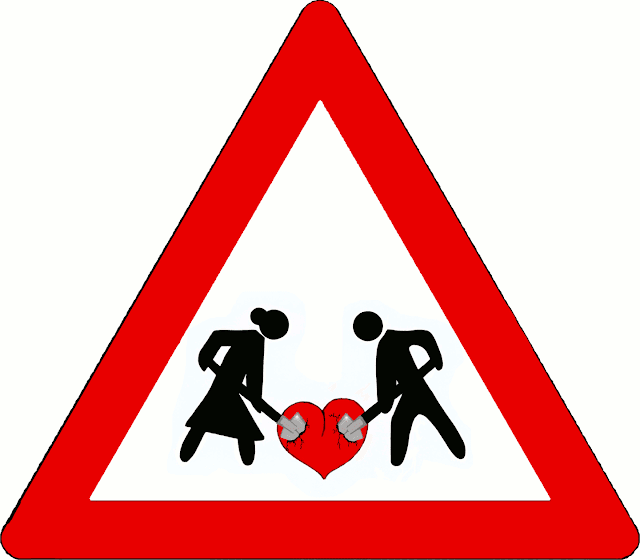 Advarsels-skilt: Kvinde og mand graver i kærlighedens hjerte