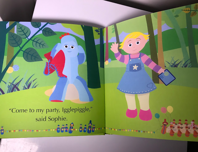 Inside pages Inside pages of the book with text' "Come to my party, Igglepiggle," said Sophie." a picture of Iggle Piggle, the pontipines and the red ones