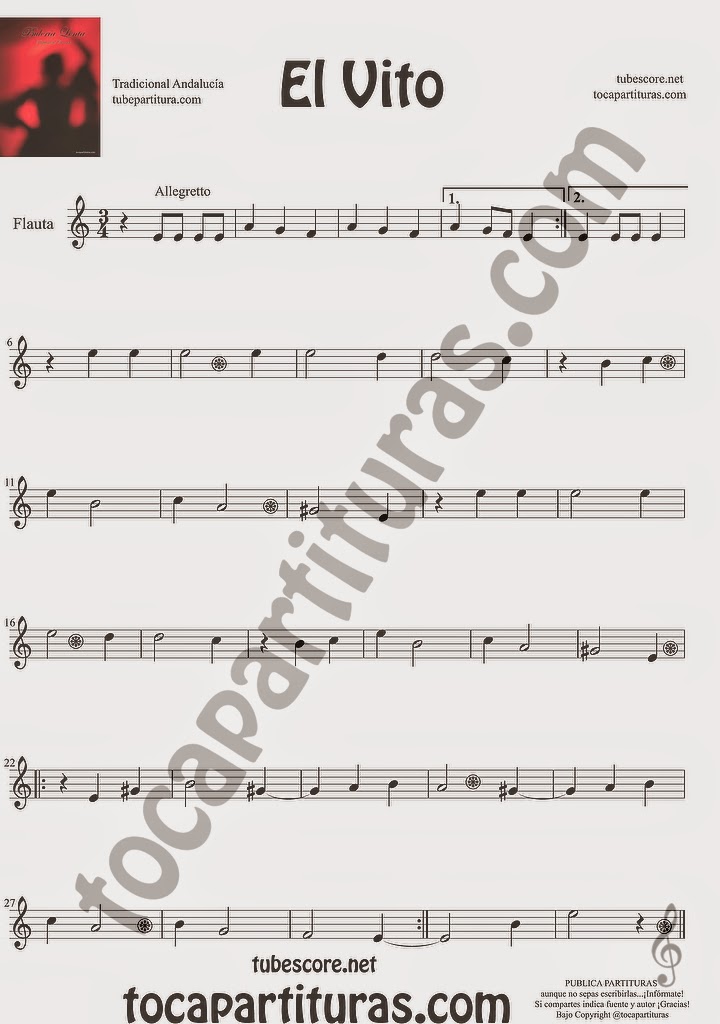 El Vito Partitura de Flauta Travesera, flauta dulce y flauta de pico Sheet Music for Flute and Recorder Music Scores 