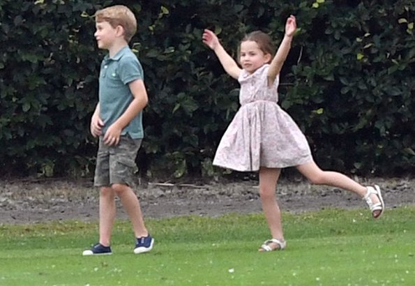 Kate Middleton in LK Bennett Madison dress, Castaner wedges. Prince George, Princess Charlotte. Meghan Markle