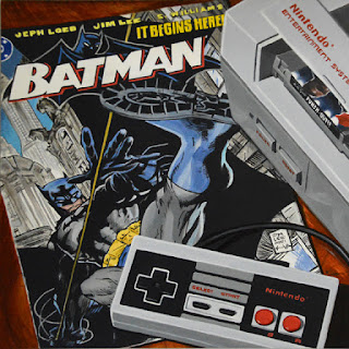 photorealist painting of vintage batman comic and nintendo entertainment system with punchout video game photorealist painting of vintage batman comic and nintendo entertainment system with punchout video game