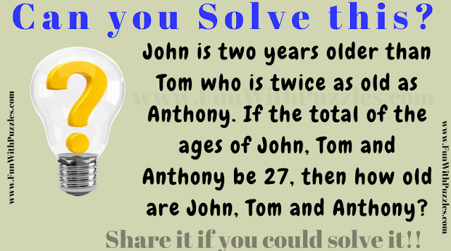 John is two years older than Tom who is twice as old as Anthony. If the total of the ages of John, Tom and Anthony by 27, then how old are John, Tom and Anthony?