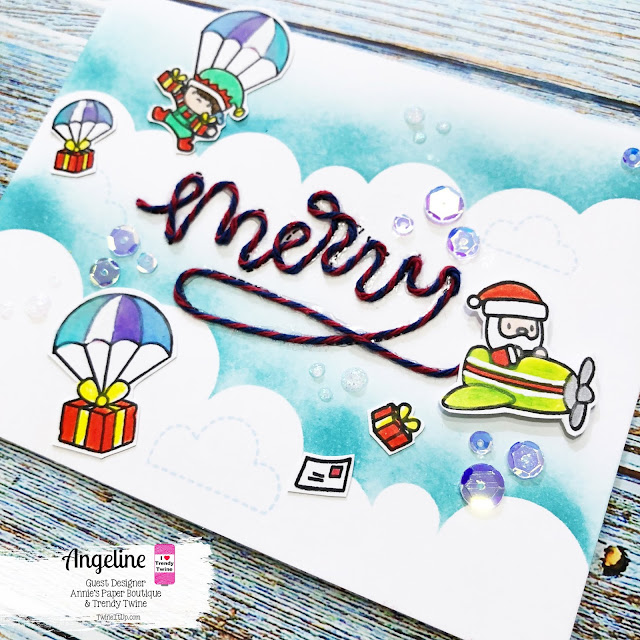 Trendy Twine: Guest Designer - Merry Mail #trendytwine #scrappyscrappy #merrymail #twine #christmascard #card #cardmaking #coloredpencils #unitystamp #sequins #nuvoglitterdrop #simonsaysstamp #stamptember2018 #mamaelephant #santa #cloudstencil 