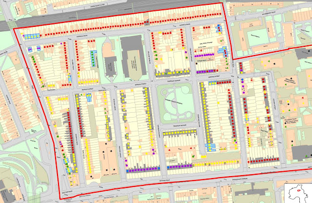 An annotated map of the Tredegar Square Conservation Area indicating houses where Mansard Roofs might be permissible