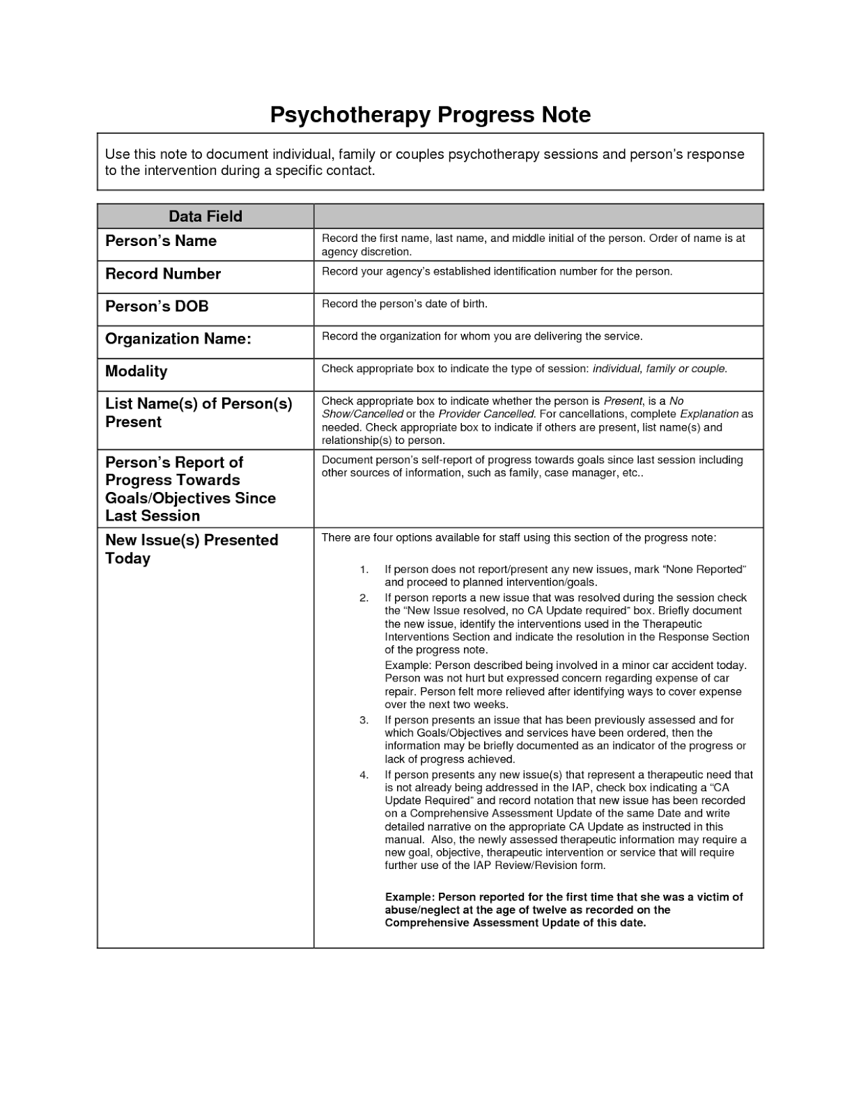 psychotherapy progress note template