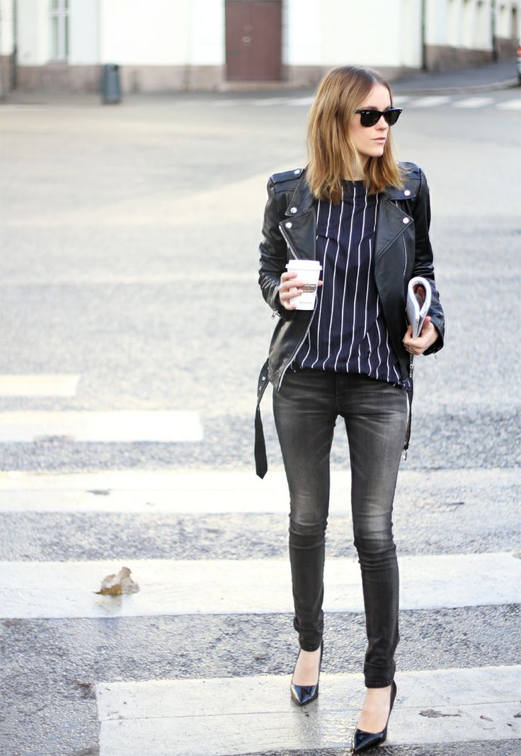 Stripes shirt, leather coat and black heels | Just a Pretty Style