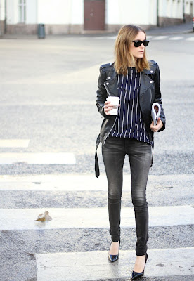 Stripes shirt, leather coat and black heels | Luvtolook | Virtual Styling