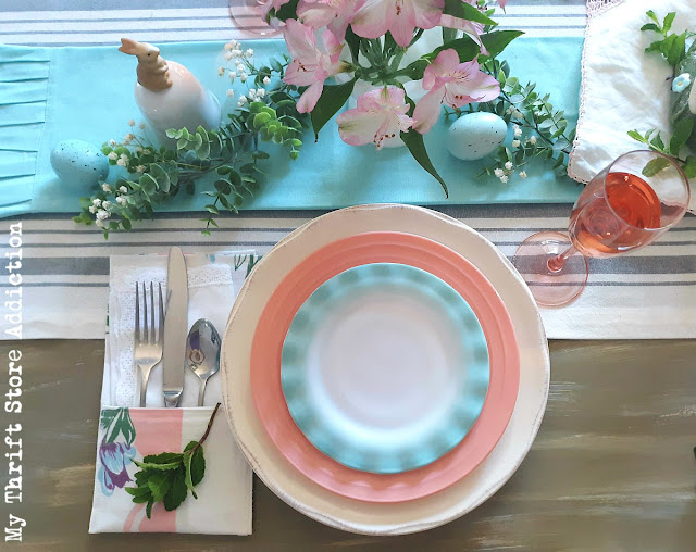 I've gathered a collection of vintage thrifted and handmade treasures to create an elegant Easter tablescape with a touch of whimsy in shades of blush and aqua! Vintage Easter tablescape