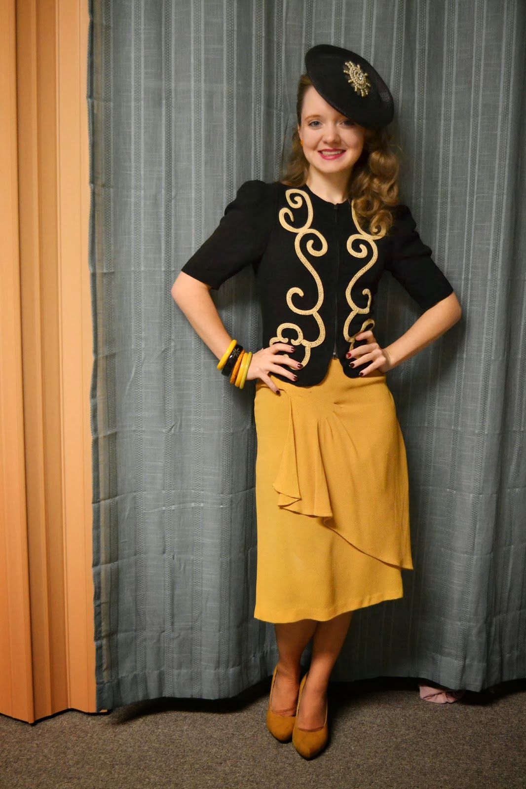 Flashback Summer: Belated Birthday Outfit, Mustard and a Tilt Hat- 1940s vintage, bakelite, suit, dress